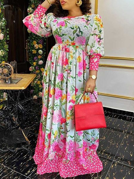 

casual dresses vonda bohemian maxi dres autumn lantern sleeve floral print party robe loose pleated holiday evening vestido 230209, Black;gray