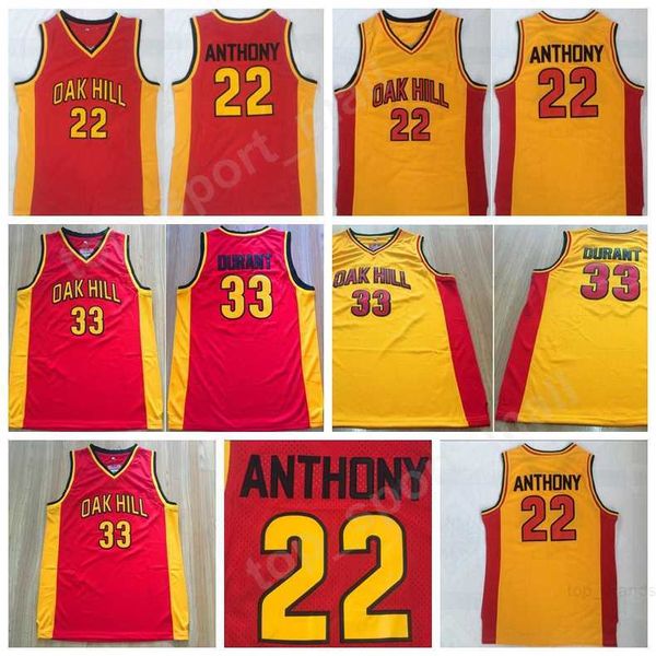

oak hill 33 kevin durant 22 carmelo anthony men high school basketball jerseys college team red yellow color stitched for sport fans uniform, Black;red