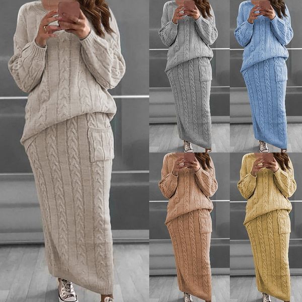 

two piece dress shujin autumn winter set women long sleeve jumpers sweater skirt warm knitted outfit and pants s 230210, White