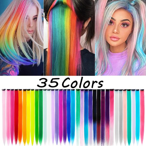 

synthetic s 35 colors rainbow clip in hair s straight wave colored blue pink for kids false pieces 230210, Black