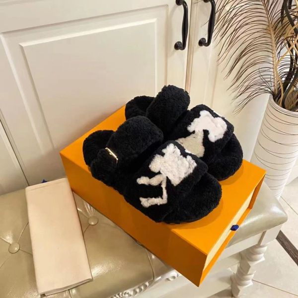 

with box 2022 women paseo plush slippers fashion womens sheepskin furry sandals slipper comfort flat mule wool luxury designer warm fur i ay, Black