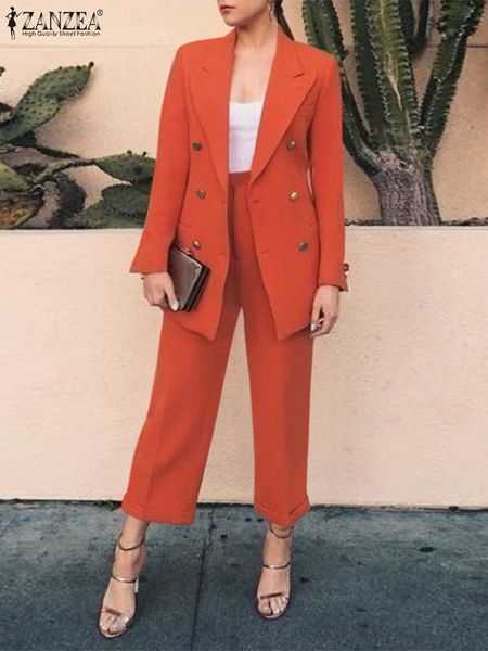 

women's two piece pant suits sets outfits oversized work wears office lady 2pcs zanzea formal long sleeve double breasted blazer suit 2, White