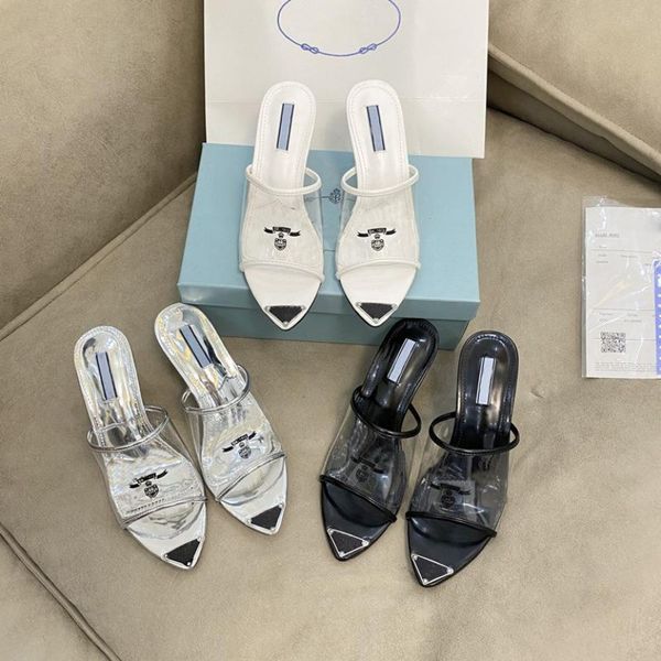 

triangle logo womens dress shoes designer clear transparent slippers high heels sandals women ladies wedding party heels flat slipper sandal, Black