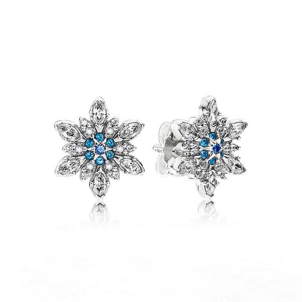 

sparkling blue snowflake stud earrings for pandora authentic sterling silver women girls wedding jewelry cz diamond designer earring set wit, Golden;silver