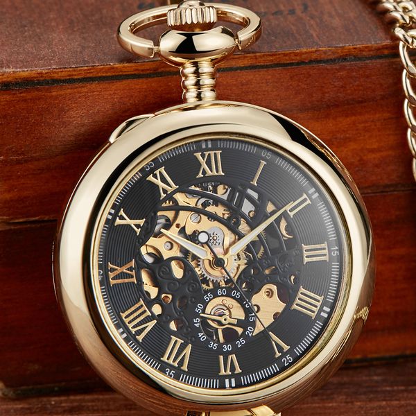 

pocket watches gorben unique transparent cover mechanical pocket watch men fashion retro casual skeleton dial hand wind male fob chain watch, Slivery;golden
