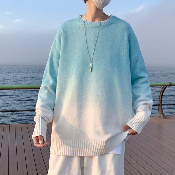 

men's sweaters blue oversize long sleeve o neck gradient tie dyed knitted pullovers japanese sueter hombre 2023 fashion fall vintage 23, White;black
