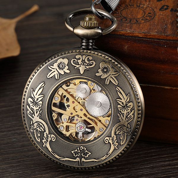 

pocket watches hand wind men mechanical pocket watch retro bronze steampunk hollow roman dial skeleton clock fob chain waist pocket watch gi, Slivery;golden
