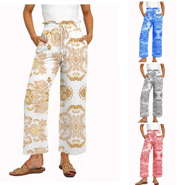 

women's pants capris 2022 new straight pants loose fashion casual pants medium waist printed lace up wide leg pants women's dress, Black;white