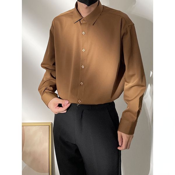 

men's casual shirts spring senior coffee color solid long sleeve mens korean version loose chiffon silk shirt men fashion blouse 230210, White;black