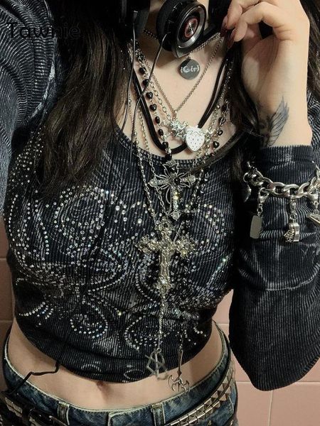 

women's t-shirt tawnie y2k graphic print women t shirt spring grunge aesthetic fairycore crop o neck long sleeve tee 230210, White