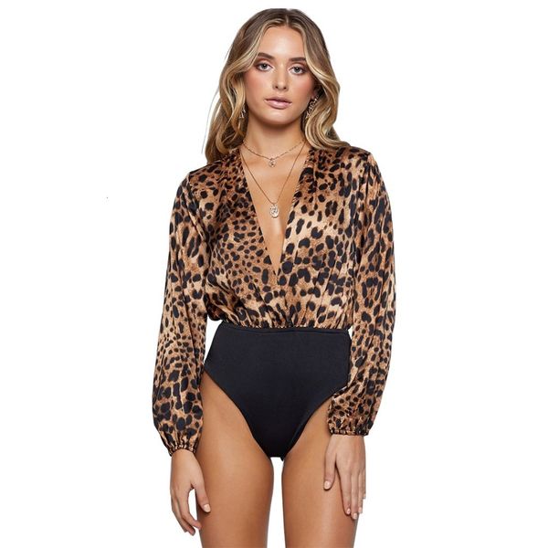 

womens jumpsuits rompers v neck female slim playsuit fashion bodysuits long sleeve autumn leopard bodysuit women 230210, Black;white