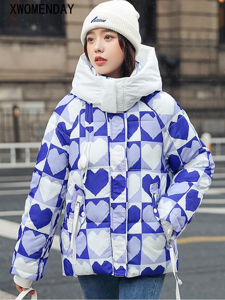 

women's down parkas winter women thicken warm heart print hooded jacket black zipper coat korean korea outerwear fashion streetwear 230