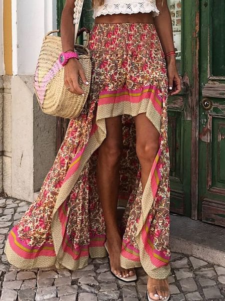 

skirts summer boho floral print women elastic waist ruffle hem dress fashion irregular long female holiday beach sundress 230209, Black