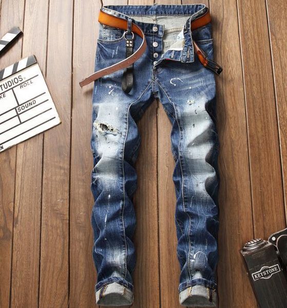 

dsquare jeans d2 21ss men's brand designers jeans distressed ripped biker slim fit motorcycle biker denim mens leisure fashion high azl, Blue