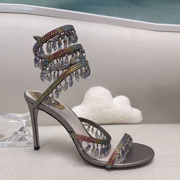 

rene caovilla chandelier crystal-embellished sandals leather stiletto heels evening shoes women heeled luxury designer ankle wraparound shoe, Black