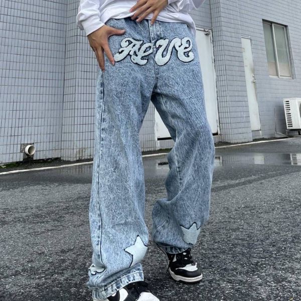 

women's jeans flocking embroidered star pattern jeans women high waist loose casual pants street fashion simple fashion 230210, Blue