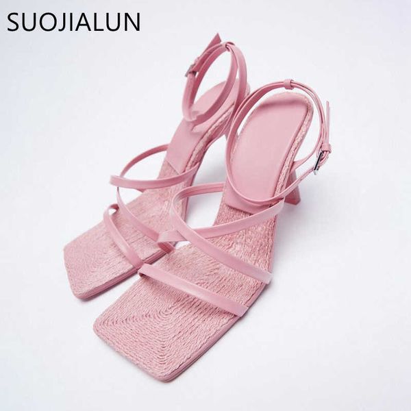 

sandals suojialun 2022 summer new pink women sandal fashion narrow band gladiator shoes thin high heel square toe outdoor dress pumps sh t23, Black