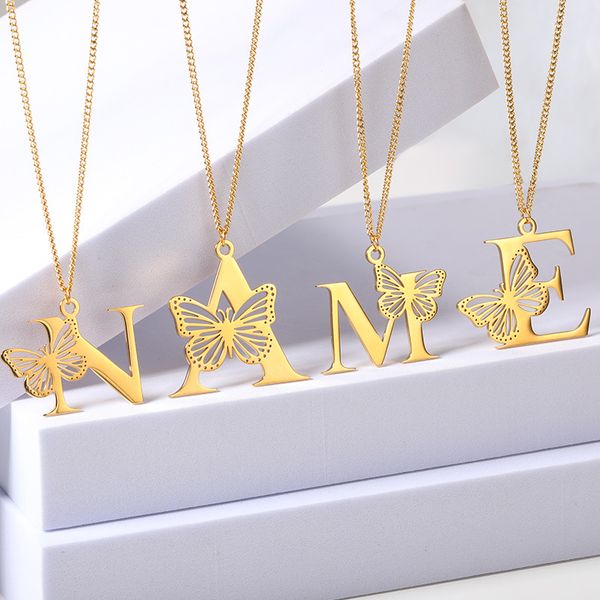 

pendant necklaces new 18k gold-plated stainless steel butterfly letter pendant women's 26 letter necklace hollowed out butterfly neckla, Silver