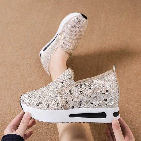 

dress shoes woman wedge casual shoes spring 2022 black sequin cloth vulcanized shoes rubber sole slip on comfortable female shallow sneakers