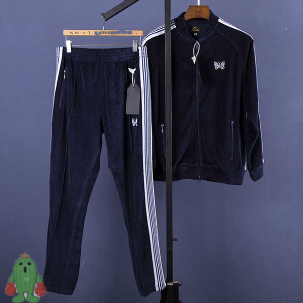 

men's hoodies sweatshirts embroidery butterfly needles tracksuit zipper jacket ge dark blue set j230208, Black