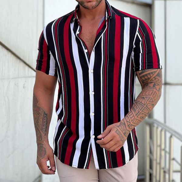 

men's casual shirts summer clothing men stripes printed short sleeve turndown collar slim hawaiian cardigan retro trend 230210, White;black