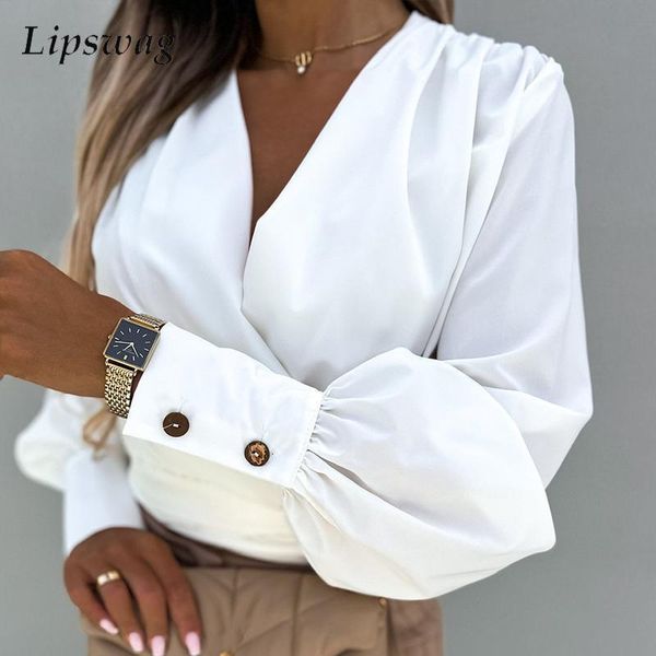 

women's blouses shirts autumn women elegant v neck slim waist shirts fashion lantern long sleeve office lady pullover solid blouse 2302, White