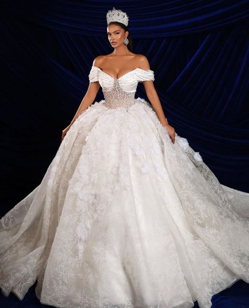 

luxury ball gown wedding dresses sleeveless v neck off shoulder sequins appliques beaded pearls ruffles 3d lace bridal gowns plus size custo, White