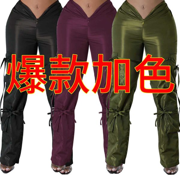 

women's pants capris ol6109 new women's zipper closure strap solid green casual pants t230210, Black;white
