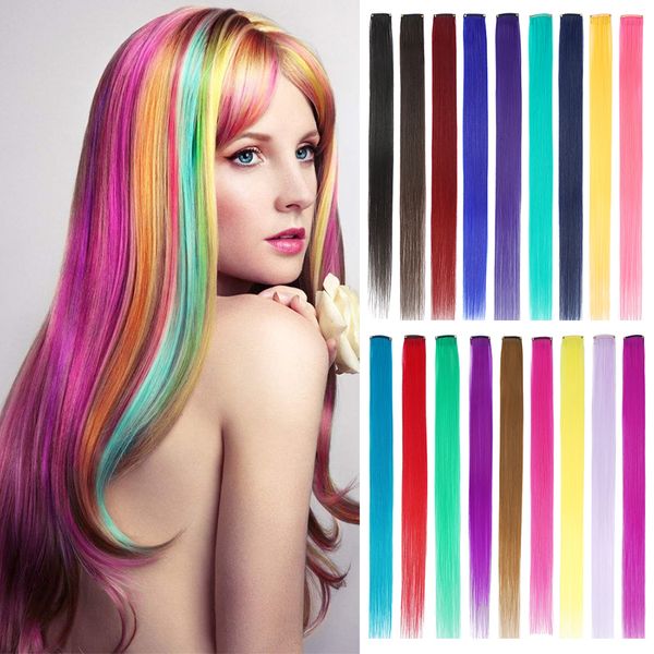 

synthetic s 20 inch 10 strands of hair on pins long straight colorful clip girl natural rainbow 230210, Black