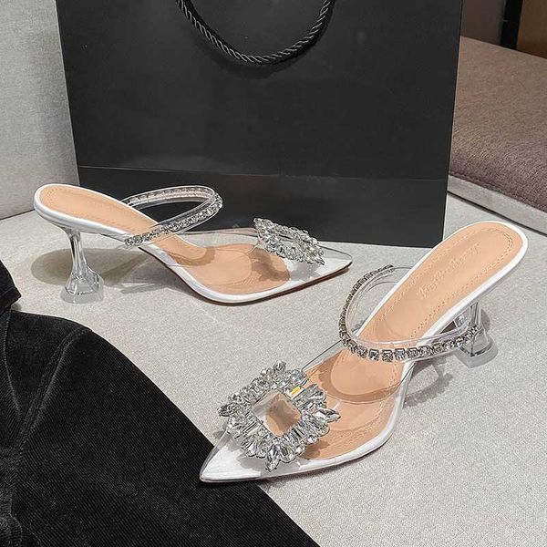 

sandals rhinestone transparent high-heeled shoes crystal sandals women's sandals women's summer wear semi-slippers fashion one-wor, Black