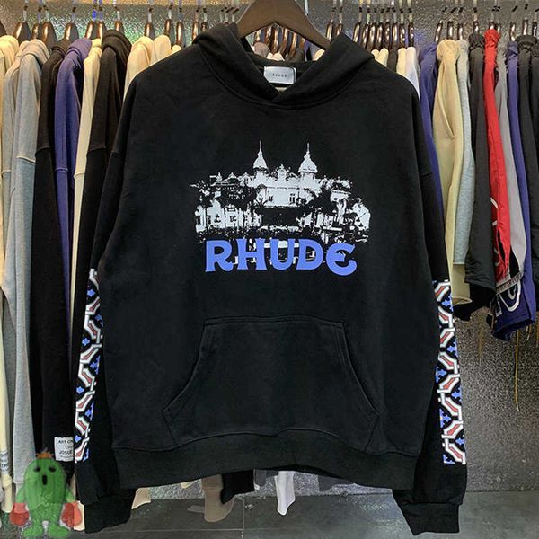

men's hoodies sweatshirts oversized hoodies castle print terry casual loose men women street hooded sweatshirts j230208, Black