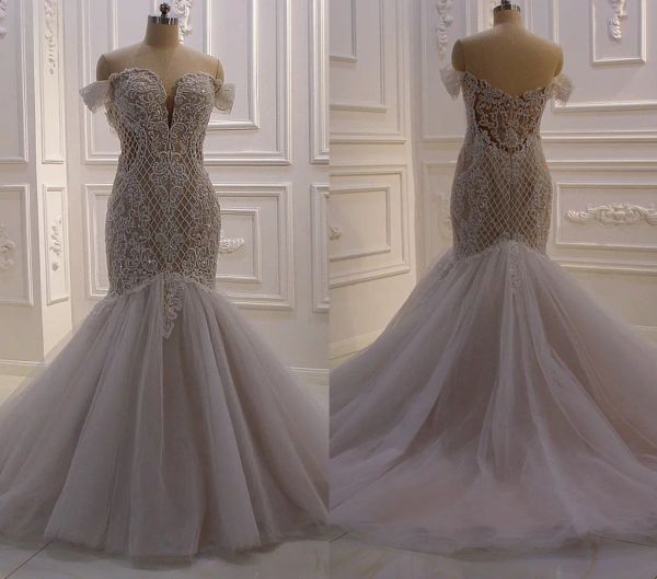 

2023 lace mermaid wedding dresses bridal gown off the shoulder straps beaded lace applique sweep train ruffles custom made vestidos de novia, White