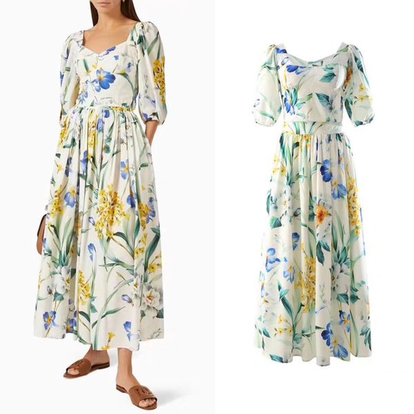 

two piece dress floral printed v-neck puff sellve with long dress, White