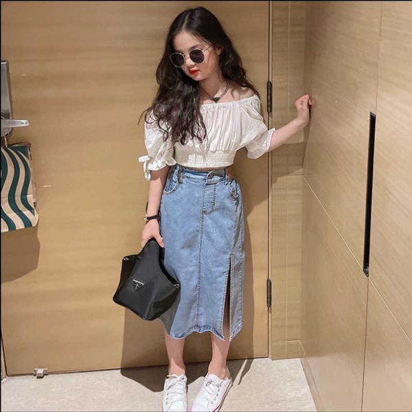 

clothing sets boutique kids clothes suit 2023 summer new girls white summer tshirt denim skirt 2pcs set teens girls 6 8 10 12 year outfits w