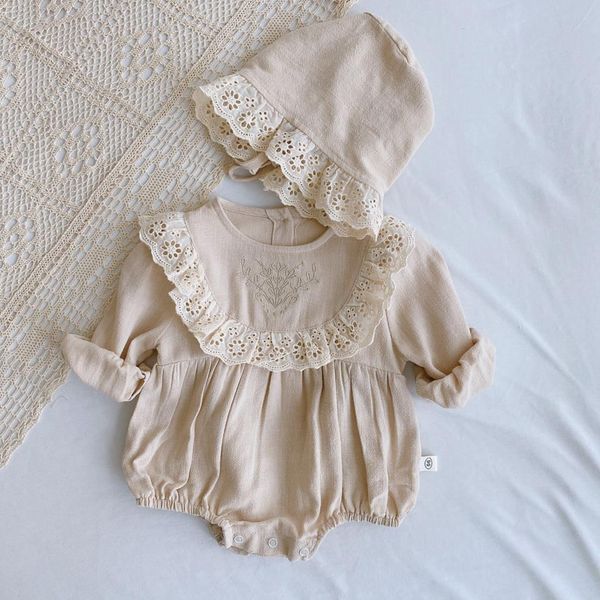 

rompers toddler lace romper summer retro born baby princess girls clothes cotton spring solid color infant set outfits hats 230209, Blue
