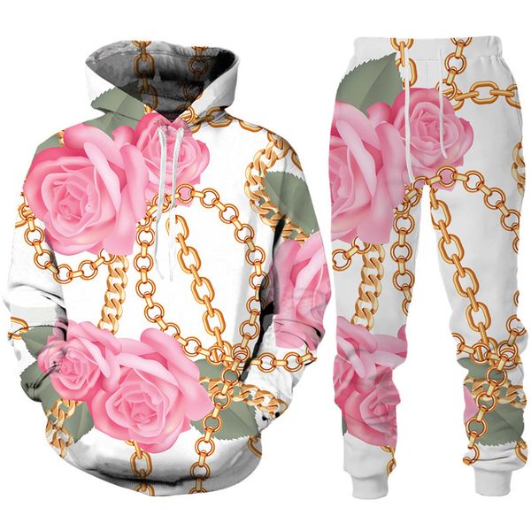 

women's two piece pants novelty tropical plant hoodie set funny couple outfits tracksuit sportswear chain series 3d print sweatshirts p, White