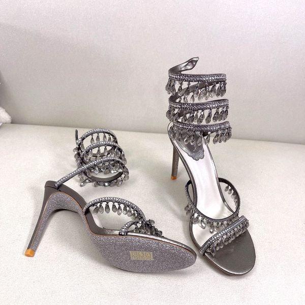 

crystal-embellished chandelier rene caovilla sandals leather stiletto heels evening shoes women heeled luxury designer ankle wraparound shoe, Black