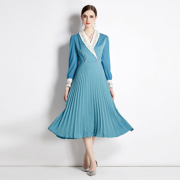 

2023 women v-neck blue designer dress long sleeve spring autumn casual midi dresses sweet chic office lady slim pleated a-line frocks fine e, Black;gray