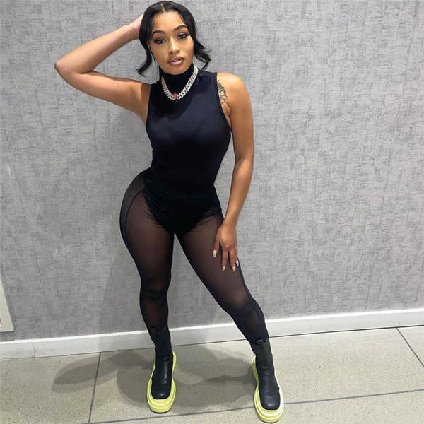 

women's pants capris 2022 spring women's new mesh perspective high waist pants sleeveless bodysuit set t230210, Black;white