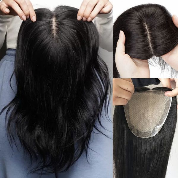 

synthetic s wavy 6x6 inch silk skin base toupee with 2cm pu around european human hair er virgin with clips double drawn 230210, Black