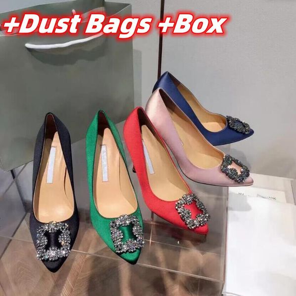 

luxurys brand silk pumps women high heels shoes 6cm 8cm 10cm spring pointed rhinestone square buckle satin womens wedding shoes 35-42 with b, Black