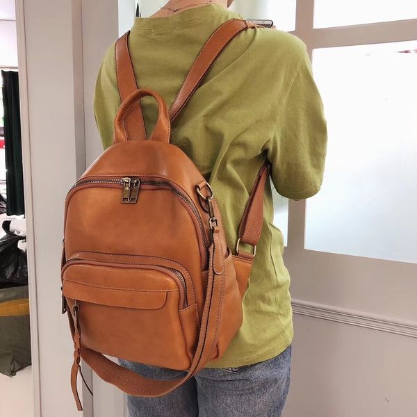 

school bags leather backpack women's layer cowhide women's solid color retro student bag fashion middle 230210