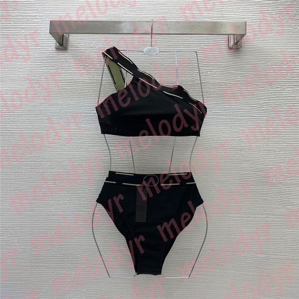 

women two piece swimwear one shoulder swimsuit designer beach bathing suit classic printed bikini set, Black