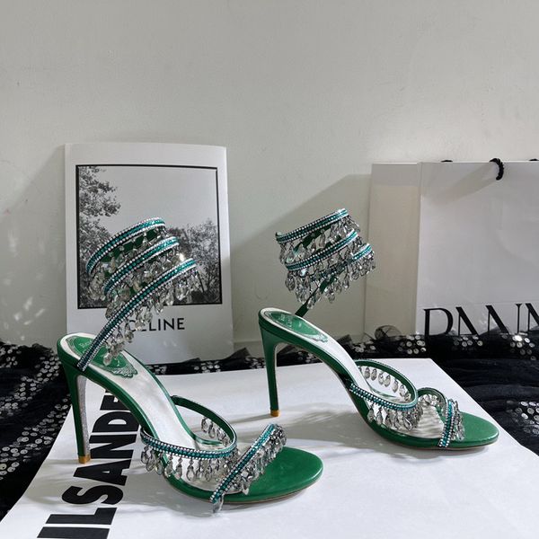 

rene caovilla chandelier crystal-embellished sandals leather stiletto heels evening shoes women heeled luxury designers ankle wraparound sho, Black