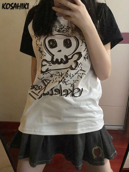 

women's t-shirt kosahiki y2k aesthetics japanese harajuku t-shirt kawaii skull print e-girl fairycore tshirt cute 00s graphic t shirt, White