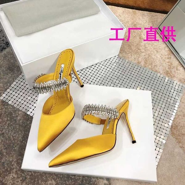 

sandals high face value foreign style high-grade super soft satin high-heeled baotou slippers pointed rhinestone sandals flat muller shoes, Black