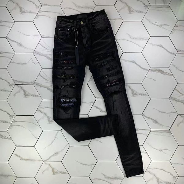 

hm586 mens jeans slim jeans distressed denim white designer leather pants with holes letters torn tattered knee ripped for man skinny straig, Blue