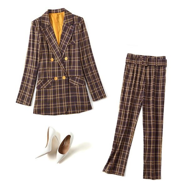 

womens two piece pants autumn winter suit original design plaid pants two piece set 230209, White