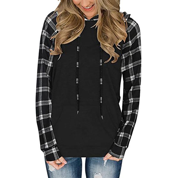 

2022 Cross-border European and American spring and autumn new women' long-sleeved printed sports plaid hooded women' sweater T-shirt, Silver