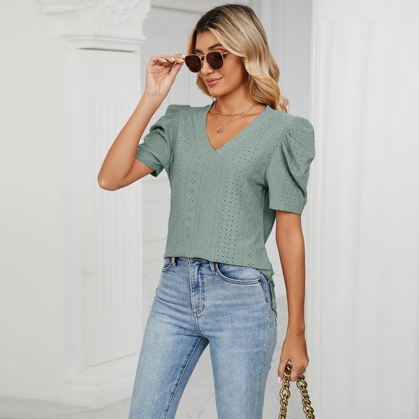

european and american women's clothing 2023 summer new v-neck puff sleeves loose short sleeve t-shirt women, White